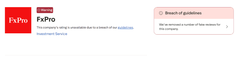 Perfil da FxPro no Trustpilot com aviso de violação das diretrizes e nota indisponível após remoção de avaliações falsas (captura de 3 de agosto de 2026)