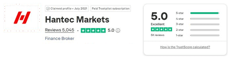 Nota da Hantec Markets no Trustpilot: 5,0 de 5 com 5.045 avaliações (captura de 4 de agosto de 2026)