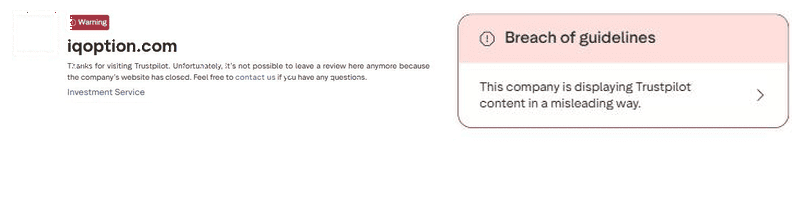 Perfil da IQ Option no Trustpilot com aviso de violação das diretrizes e nota indisponível por uso enganoso do conteúdo da plataforma (captura de 4 de agosto de 2026)