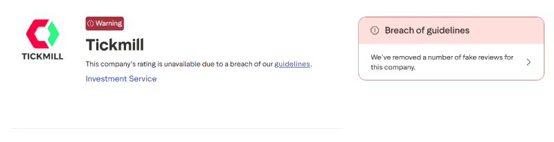 Perfil da Tickmill no Trustpilot com aviso de violação das diretrizes e nota indisponível após remoção de avaliações falsas (captura de 3 de agosto de 2026)