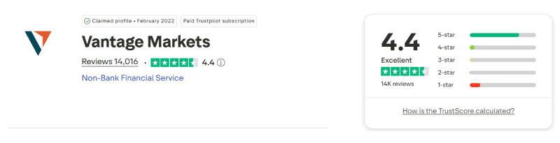 Nota da Vantage no Trustpilot: 4,4 de 5 com 14.016 avaliações (captura de 3 de agosto de 2026)